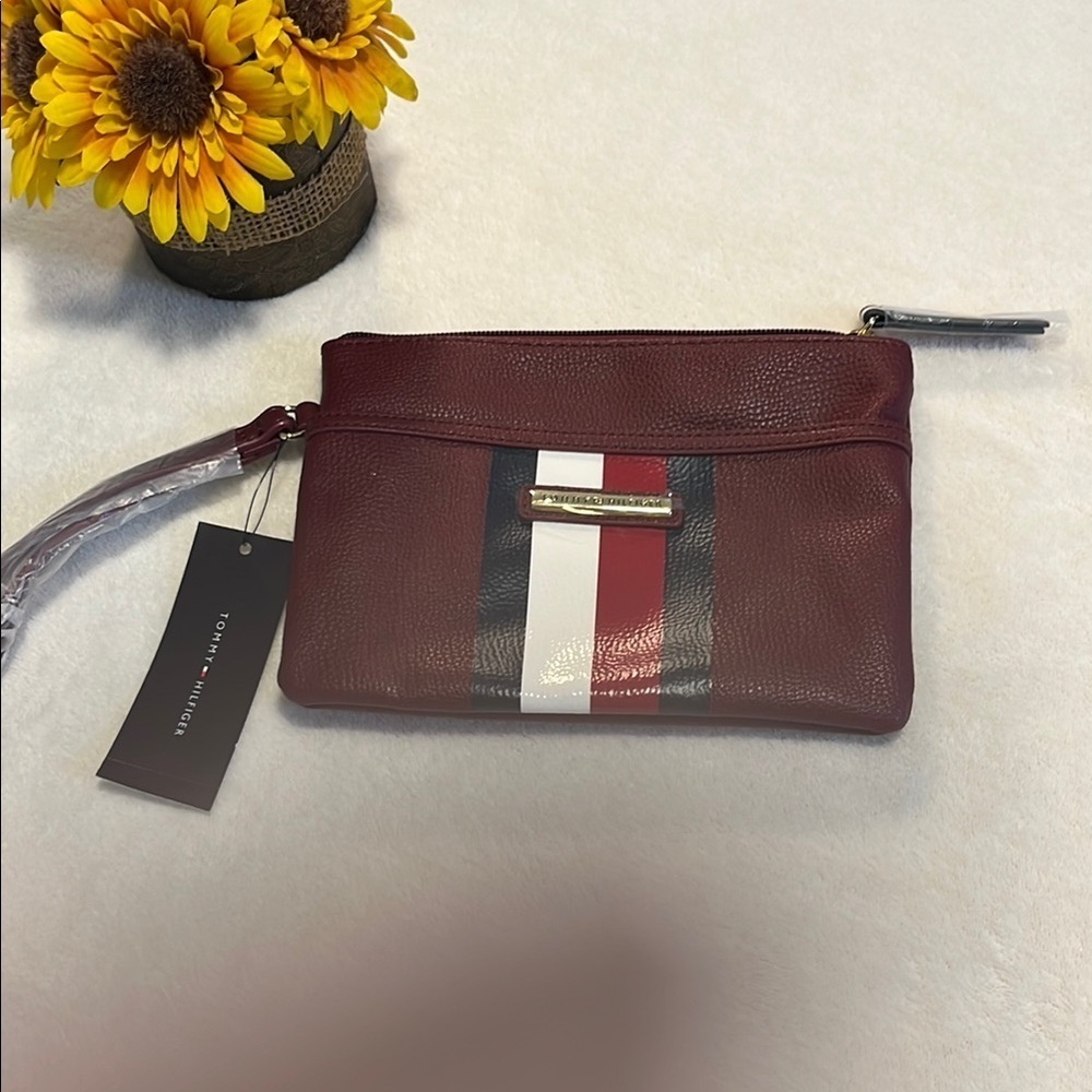 Tommy Hilfiger Red and Black Wristlet with Decorative Stripes